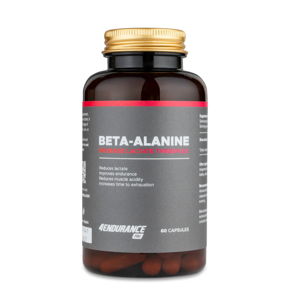 4Endurance Pro Beta-alanine - 60 capsules pack, white bottle with black cap and red-highlighted label on white background.