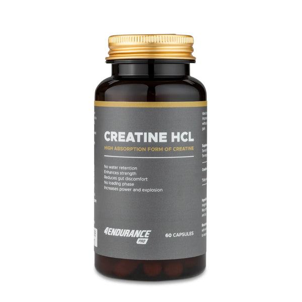 4Endurance Pro Creatine HCL - 60 capsules, dark brown bottle with gold cap, label showing key benefits, white background.