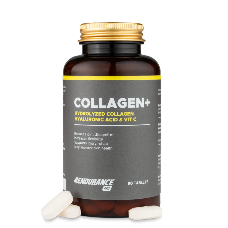 4Endurance Pro Collagen+ - 90 tablets Collagen+, brown bottle with gold lid, white label with yellow band on white background.