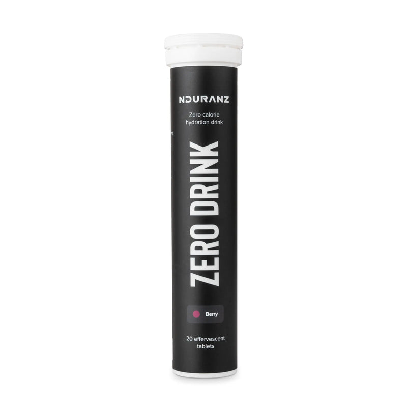 Nduranz Zero Drink - 20 effervescent tablets berry flavor, black cylindrical container with white screw lid on white background.