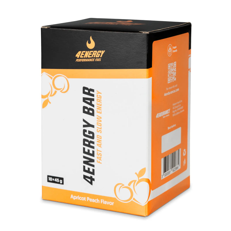 4Energy 4Energy Bar Box - 10 x 45 g apricot peach flavor, vegan-friendly packaging with apricot, peach illustrations and QR code.