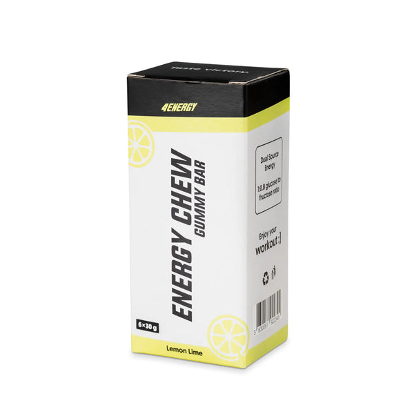 4Energy Energy Chew Box - 6 x 30g lemon lime flavor, translucent yellow segmented gummy bar with lemon packaging on white background.