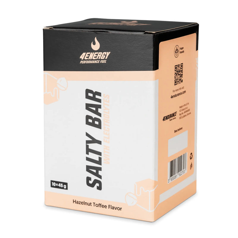 4Energy Salty Bar Box - 10 x 45 g Hazelnut Toffee flavor, black and beige packaging with brand logo, QR code, and bar illustrations.