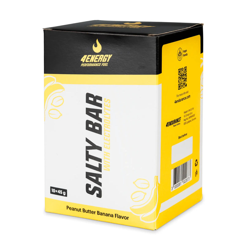 4Energy Salty Bar Box - 10 x 45g Peanut Butter Banana flavor, black and yellow packaging with banana illustration and QR code.