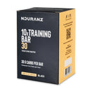 Nduranz Training Bar 30 Box - 10 x 45g vanilla nut nougat flavor, black box with yellow accents and visible nutrition details.