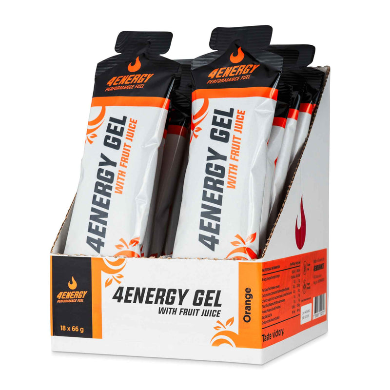 4Energy 4Energy Gel Box - 18 x 66g orange flavor, open box of orange and black energy gel packets with sunburst and leaf design.