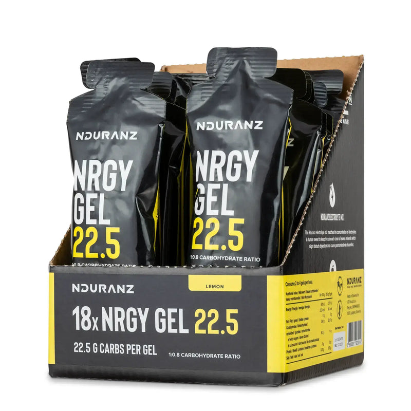 Nduranz Nrgy Gel 22.5 Box - 18 x 66 g lemon flavor, open-top box of black packets with yellow and white text on white background.