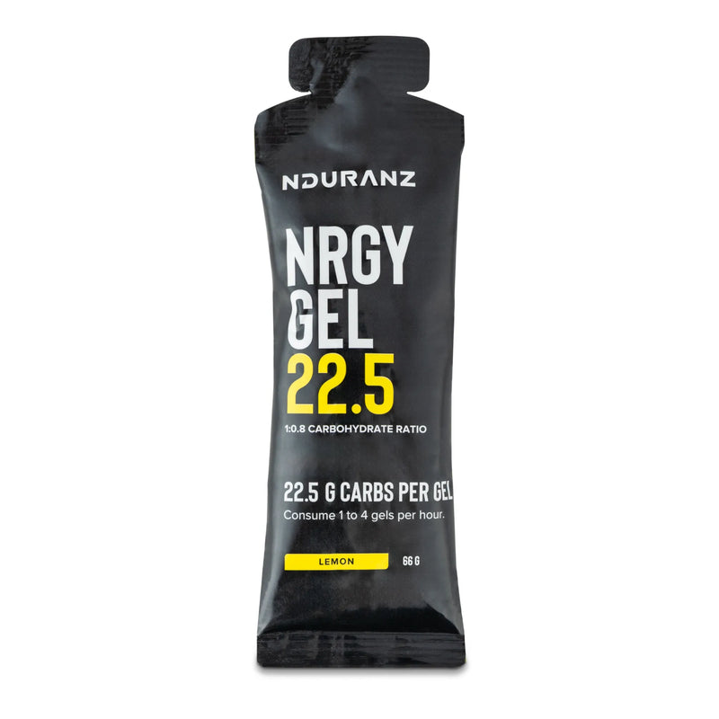 NDURANZ Nrgy Gel 22.5 lemon flavor energy gel packet with black packaging, bold white and yellow text on white background.