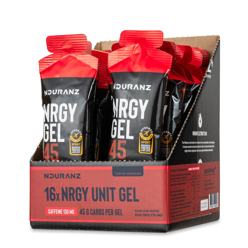 Nduranz Nrgy Gel 45 with Caffeine Box - 16 x 75g coffee amarena flavor, open display box of red-capped gel packets with black and red design.