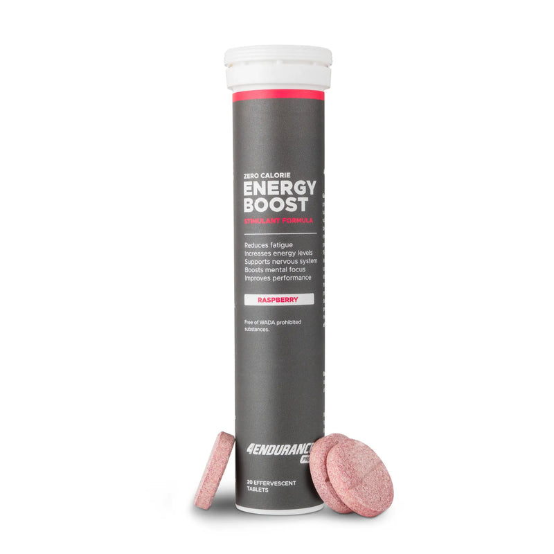 4Endurance Pro Energy Boost - 20 effervescent tablets raspberry flavor, black tube with white and red text on white background.