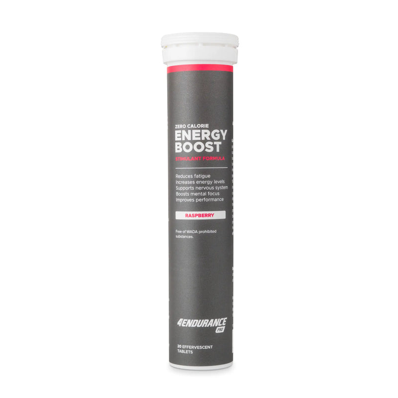 4Endurance Pro Energy Boost - 20 effervescent tablets raspberry flavor, black tube with white and red text on white background.