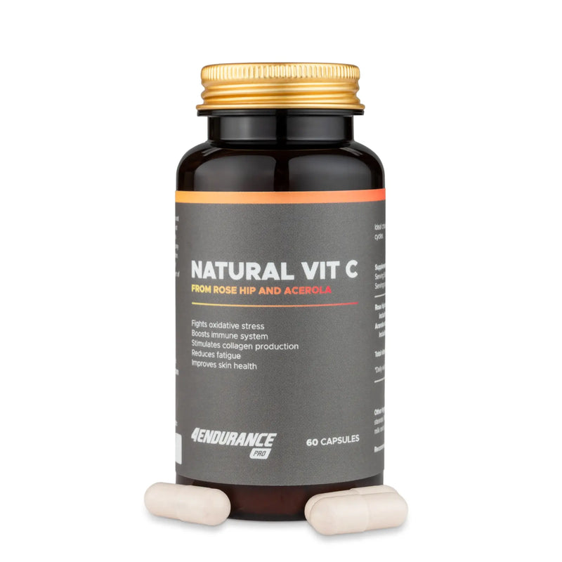 4Endurance Pro Natural Vitamin C - 60 capsules pack, bottle with gold cap, health benefits label, black and gold design.