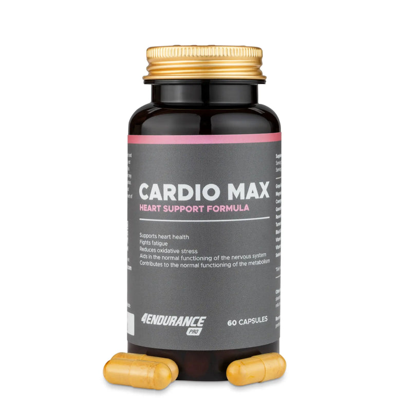 4Endurance Pro Cardio Max - 60 capsules heart support formula, black bottle with gold cap, pink accent, white background.